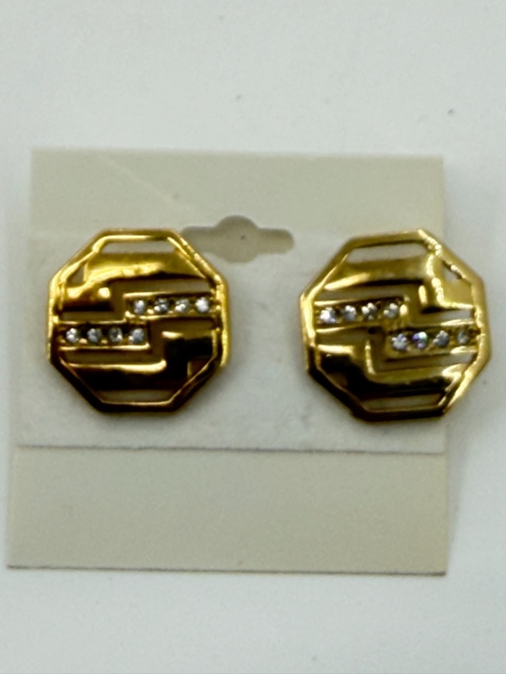Vintage Avon Earrings Gold Tone Pierced 1886-1986 Octagon Rhinestones